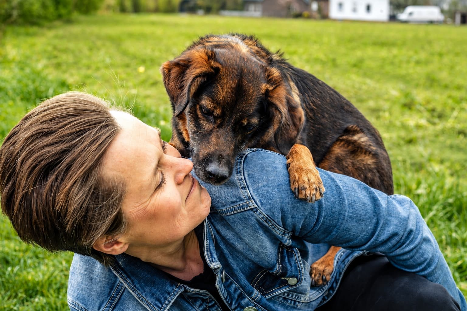 Eine Hundetrainerin kniet im Gras, ihr Hund lehnt sich über ihre Schulter und schmiegt die Schnauze an ihr Gesicht.